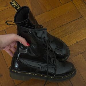 Dr. Martens Black Patent Lace-Up Boots with Yellow Stitching